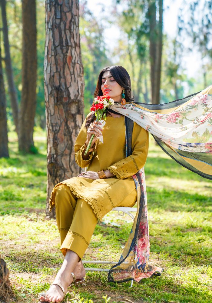 Zari Mustard Bloom – Embroidered 3-Piece Lawn Suit (NLC-102-PK)